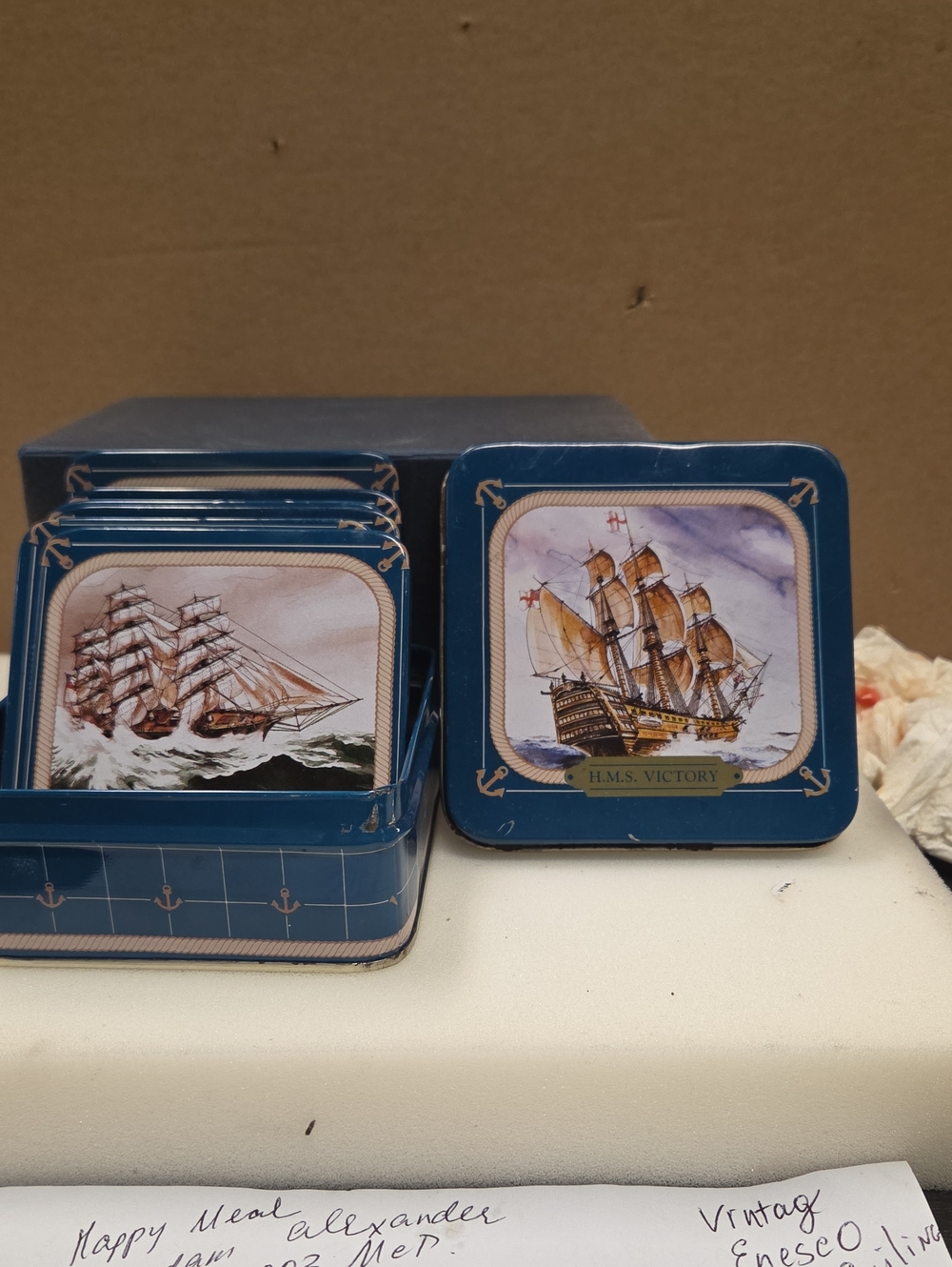 Vintage Enesco Frear Sailing Ships Coaster Set in Deep Blue